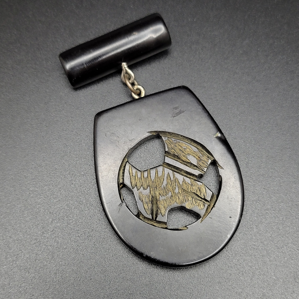 Vintage Ebonised Wood Drop Brooch — Pierced Teardrop Pendant, Victorian Mourning